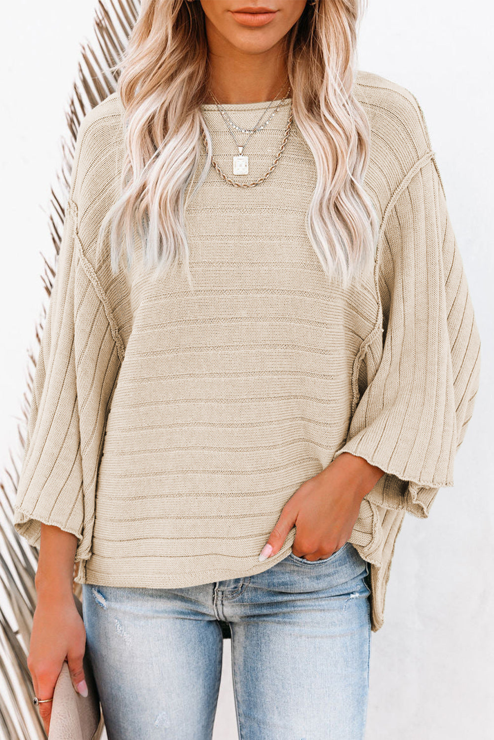 Apricot Exposed Seam Ribbed Knit Dolman Sweater