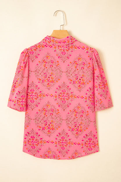 Rose Red Floral Print Wide Short Sleeve Loose Shirt