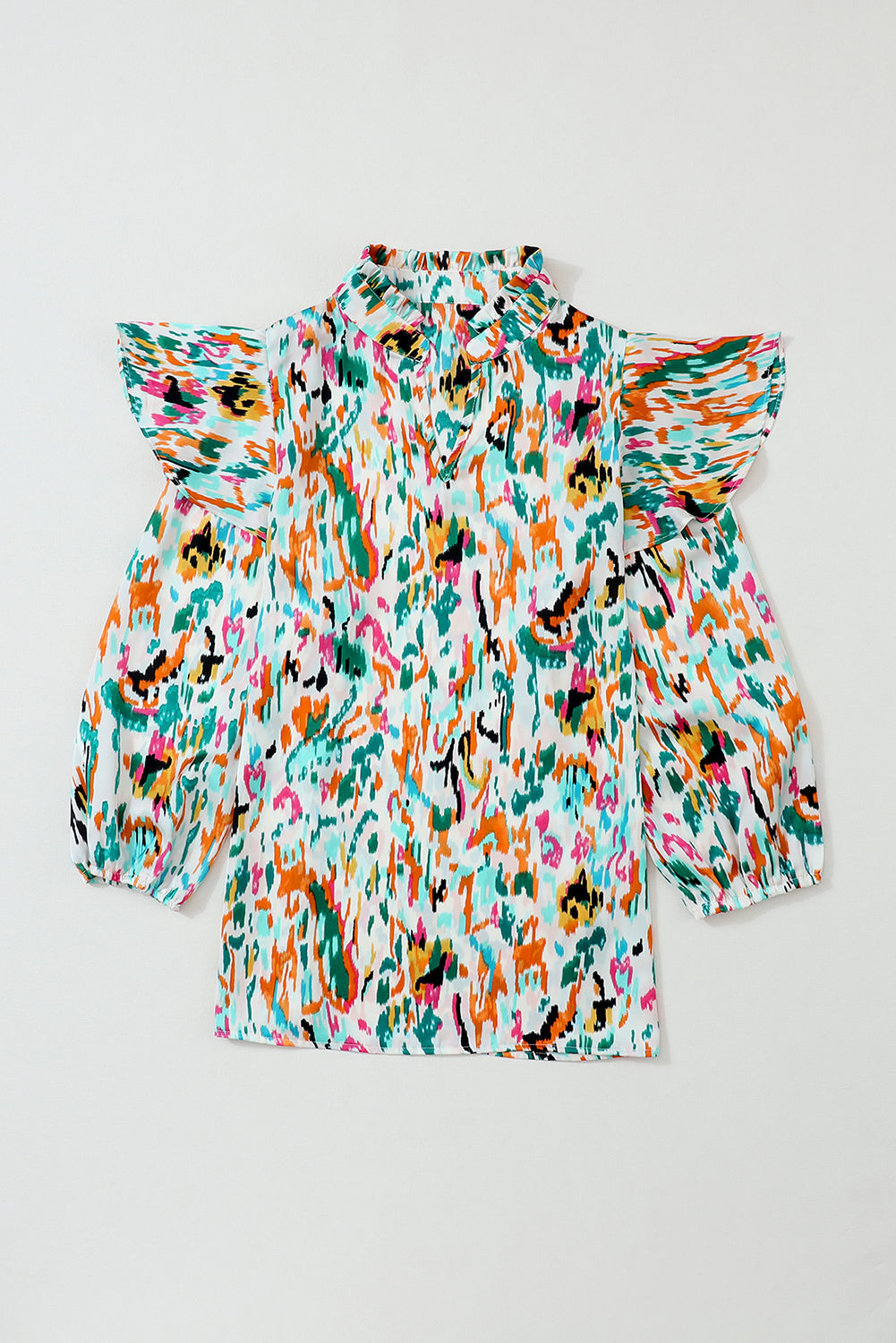 Multicolor Abstract Print Ruffled V Neck Plus Size Blouse