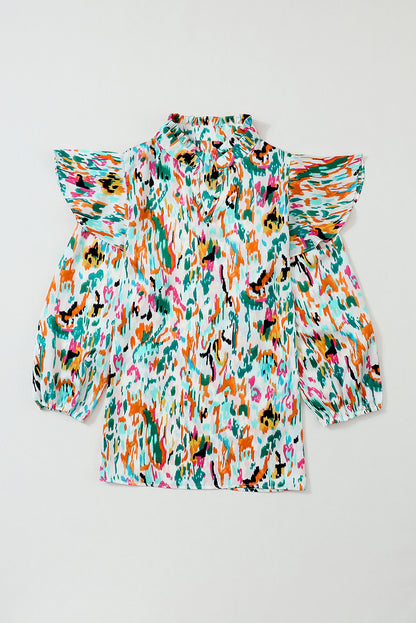 Multicolor Abstract Print Ruffled V Neck Plus Size Blouse