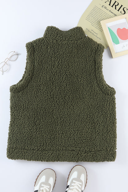 Khaki Plus Size Pocketed Sherpa Vest