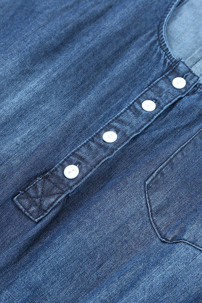 Blue High Waist Buttons Sleeveless Denim Romper