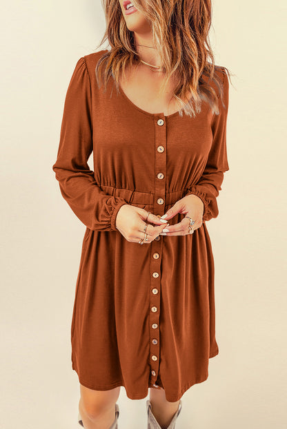 Orange Button Up High Waist Long Sleeve Dress