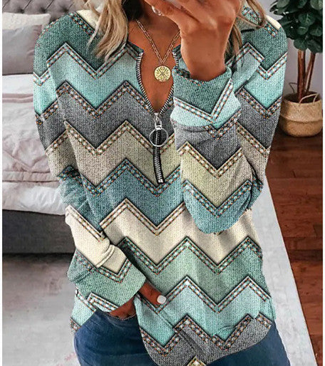 Striped Printed Long-sleeve Zipper Foreign Trade Women's Top