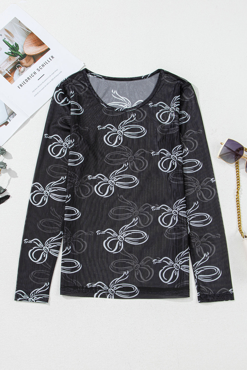 Black Round Neck Bow Print Long Sleeve Mesh Top