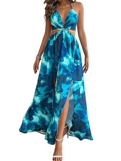 Printed Backless Side Slit Halter Dress H6VE68KF2K