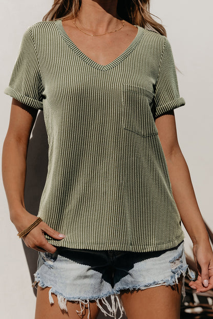 Carbon Grey Twist Short Sleeve Corded V Neck Top