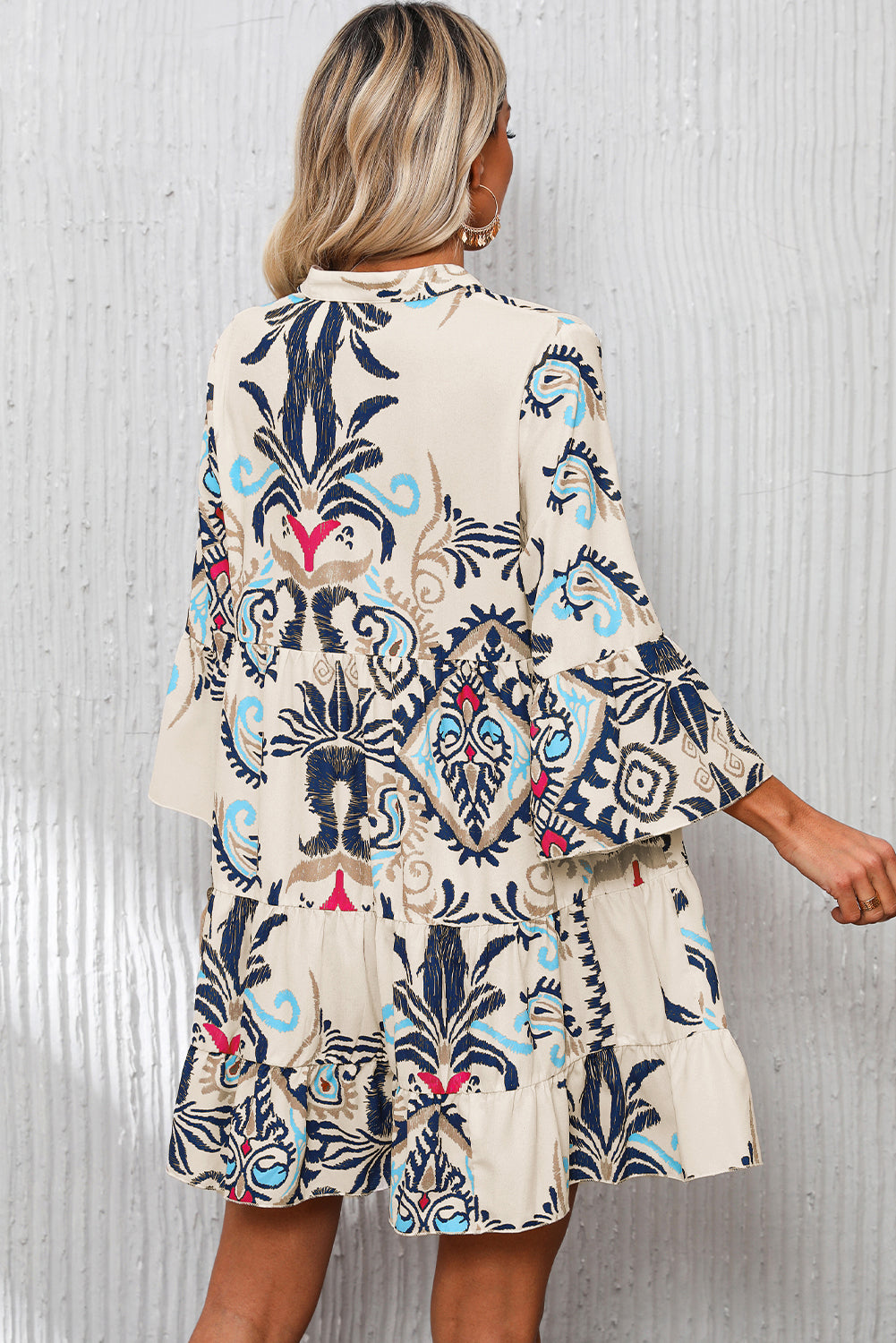 White Printed Tribal Print Bracelet Sleeve Buttoned Mini Dress