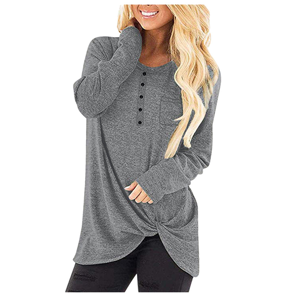 Solid Color Pullover Ladies Round Neck Pocket Long Sleeve Twisted Top
