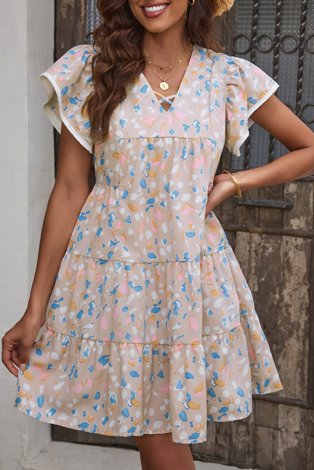 Rose Printed Crisscross Decor V Neck Flutter Sleeve Dress
