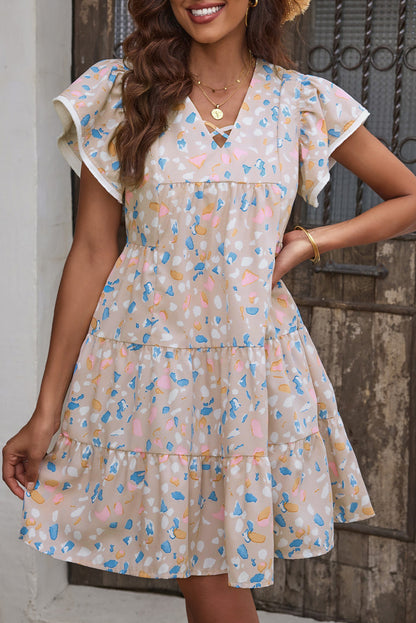 Rose Printed Crisscross Decor V Neck Flutter Sleeve Dress