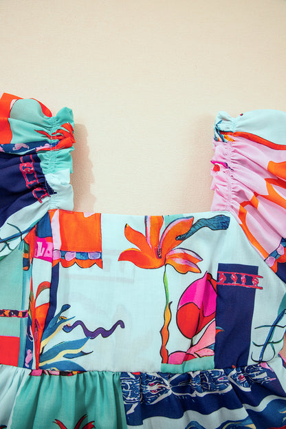 Sky Blue Tropical Printed Square Neck Flutter Sleeve Babydoll Blouse