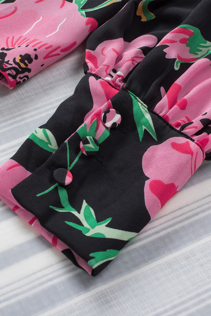 Multicolor Swirl Color Block Print Lantern Sleeve Shirt