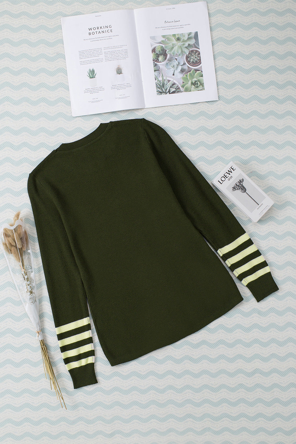 Rose Striped Sleeve Plain Knit Sweater
