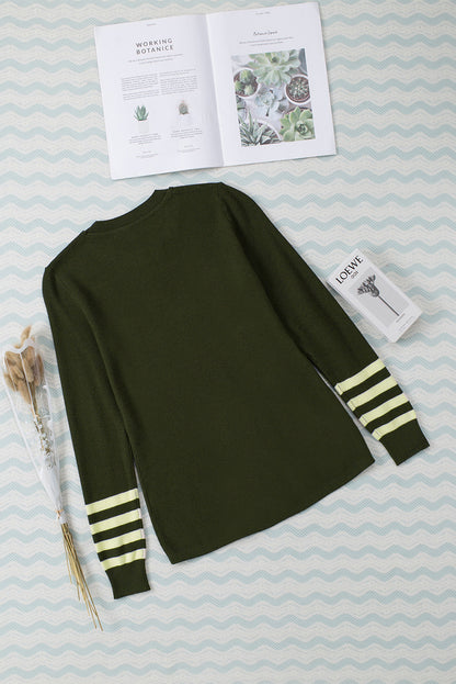 Rose Striped Sleeve Plain Knit Sweater