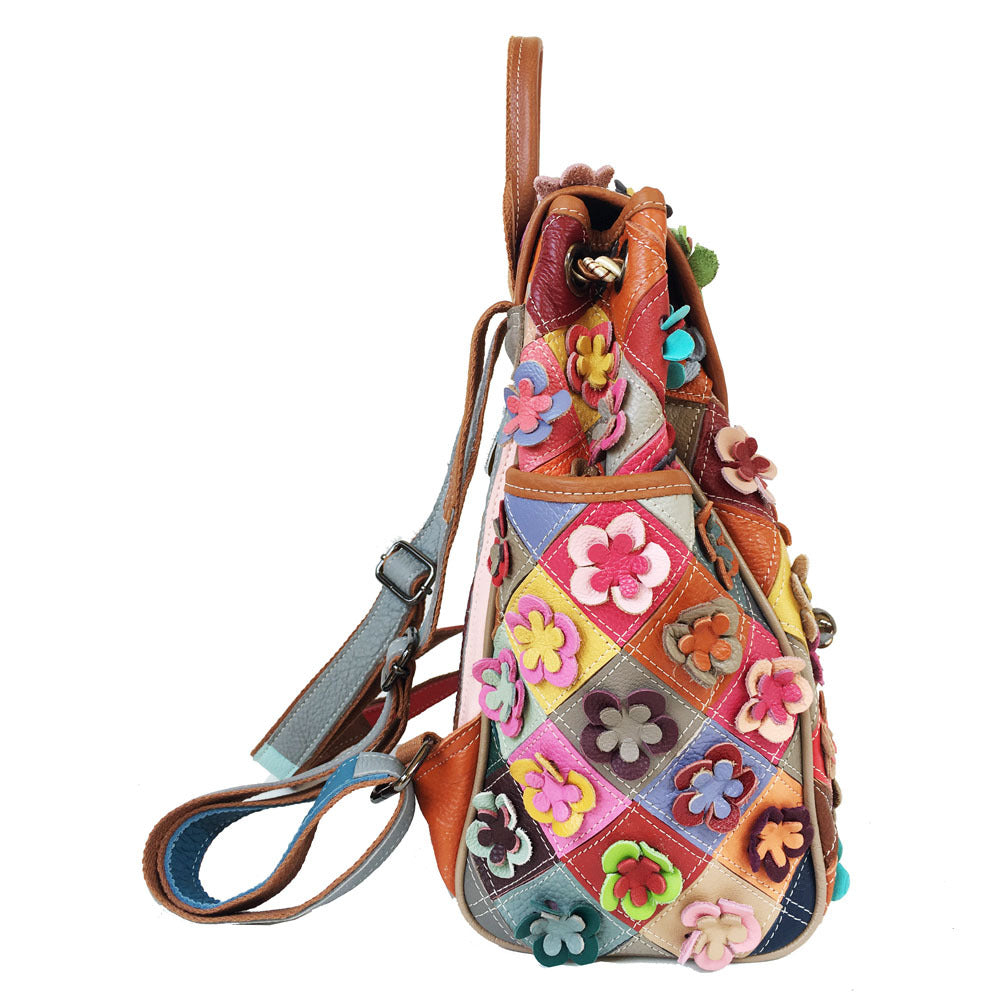 Cowhide Patchwork Diamond Checkered Flower Retro Style Backpack