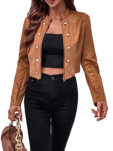 WDIRARA Women's Long Sleeve Drop Shoulder Crop Blazer Stand Collar Casual Button Down Varsity Jacket Brown S
