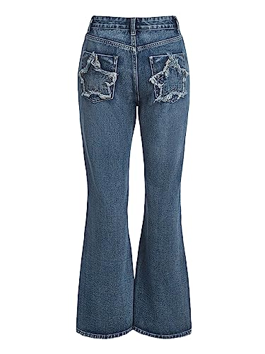 SOLY HUX Women's High Waisted Wide Leg Denim Pants Y2k Patterned Baggy Flared Jeans Bell Bottom Trousers Plain Medium Blue L