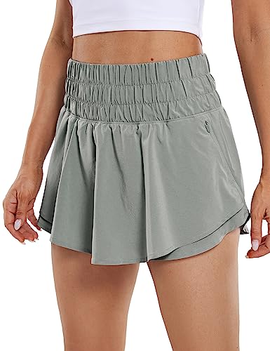 CRZ YOGA Women's High Waisted Flowy Athletic Shorts Ruffle Skirt Wrap Front Liner Workout Running Shorts with Zip Pocket Sterling Small