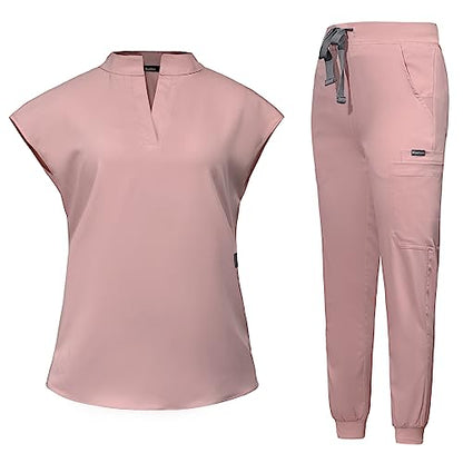 Scrubs for Women Set Top & Jogger Scrubs for Women Suit with Zipper Pocket Medium Uniform (Pink,S,Small)