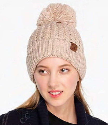C.C Unisex Warm Soft Knit Pom Beanie Hat, Cable Twist Dark Rose
