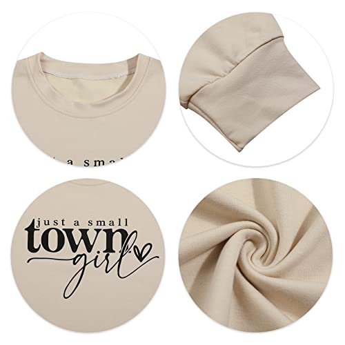 ALLTB Just a Small Town Girl Sweatshirt Women Vintage Letter Graphic Shirt Pullover Casual Long Sleeve Shirts Loose Fit Apricot