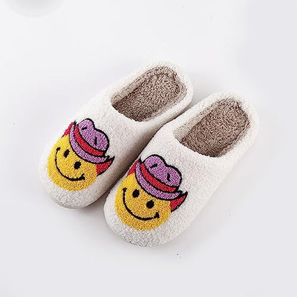 CATLJXL Cowboy Boot Slippers for Women Disco Cowgirl Hat Slippers for Women Preppy Cowboy Smile Face Slippers Memory Foam Smiley Hat 4142