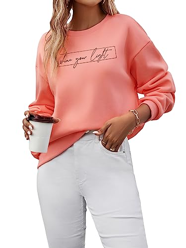 Floerns Women's Letter Graphic Print Long Sleeve Pullover Top Sweatshirt Coral Pink Medium