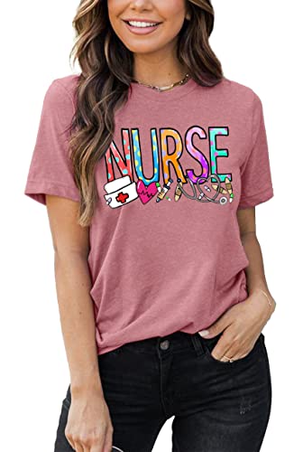 School Nurse Shirt Women Nursing Student T-Shirt Nurse Gift Casual Short Sleeve Inspirational Tee Tops(Pink,Small)