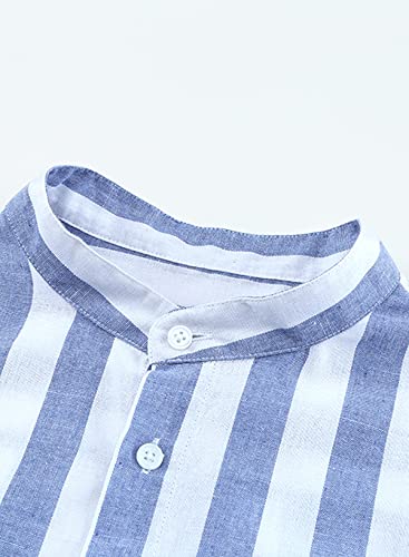JMIERR Mens Casual Cotton Linen Shirts Button Down Long Sleeve Striped Beach Resort Shirts for Men,US 38(S),0Sky Blue