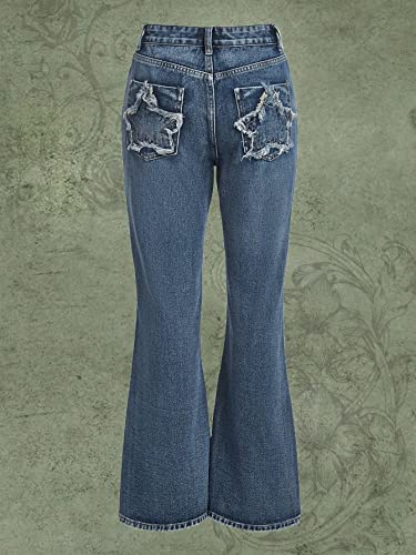 SOLY HUX Women's High Waisted Wide Leg Denim Pants Y2k Patterned Baggy Flared Jeans Bell Bottom Trousers Plain Medium Blue L