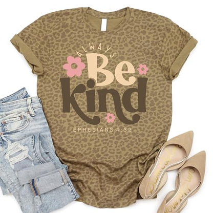 Love in Faith | Always Be Kind Short Sleeve | Graphic Print Christian Shirts | Faith-Based Apparel | Unisex (US, Alpha, X-Large, Regular, Regular, Brown Leopard)