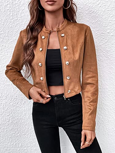 WDIRARA Women's Long Sleeve Drop Shoulder Crop Blazer Stand Collar Casual Button Down Varsity Jacket Brown S