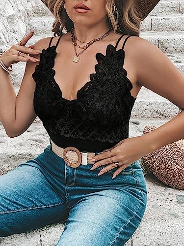 SOLY HUX Women's Plus Size Deep V Neck Lace Cami Top Summer Casual Sleeveless Camisole Plain Black 0XL