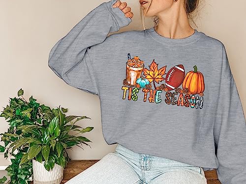 JINTING Fall Sweatshirt for Women Tis The Season Sweatshirt Autumn Pumpkin Shirt Football Shirt Game Day Long Sleeve Tee Grey