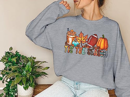 JINTING Fall Sweatshirt for Women Tis The Season Sweatshirt Autumn Pumpkin Shirt Football Shirt Game Day Long Sleeve Tee Grey