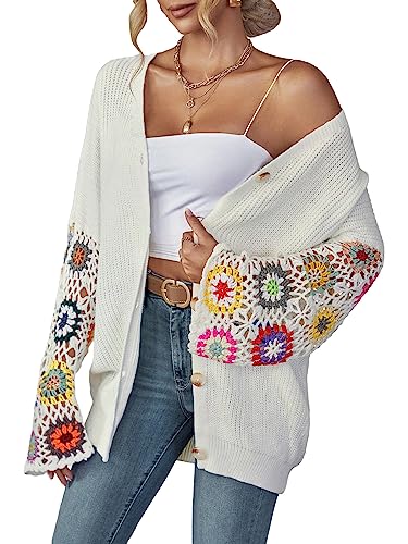 GORGLITTER Women's Floral Print Hollow Out Cardigan Drop Shoulder Button Down Knit Tops White Large