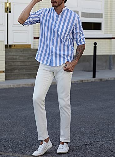 JMIERR Mens Casual Cotton Linen Shirts Button Down Long Sleeve Striped Beach Resort Shirts for Men,US 38(S),0Sky Blue