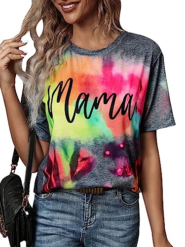 SweatyRocks Women's Casual Tie Dye Letter Print Short Sleeve T Shirt Round Neck Loose Tee Top Multicolor L