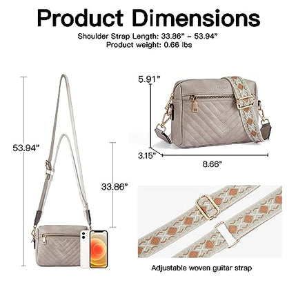 Telena Crossbody bags for Women Small Crossbody Purse Vegan Leather Quilted Shoulder Handbags Triple Zipper with Wide Strap Grey