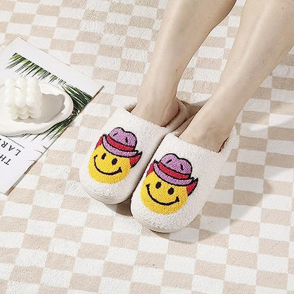 CATLJXL Cowboy Boot Slippers for Women Disco Cowgirl Hat Slippers for Women Preppy Cowboy Smile Face Slippers Memory Foam Smiley Hat 4142