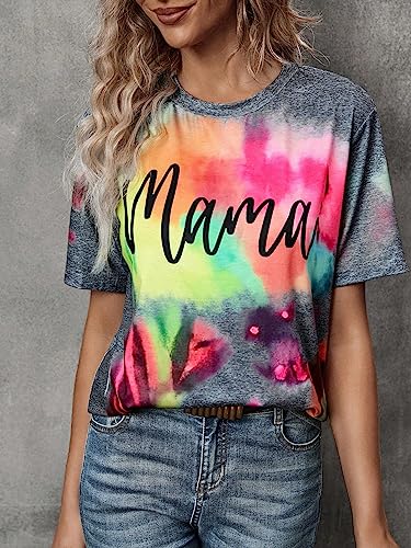 SweatyRocks Women's Casual Tie Dye Letter Print Short Sleeve T Shirt Round Neck Loose Tee Top Multicolor L