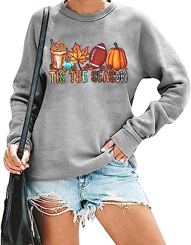 JINTING Fall Sweatshirt for Women Tis The Season Sweatshirt Autumn Pumpkin Shirt Football Shirt Game Day Long Sleeve Tee Grey