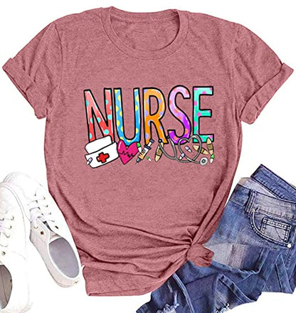 School Nurse Shirt Women Nursing Student T-Shirt Nurse Gift Casual Short Sleeve Inspirational Tee Tops(Pink,Small)