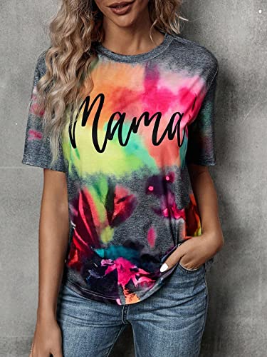 SweatyRocks Women's Casual Tie Dye Letter Print Short Sleeve T Shirt Round Neck Loose Tee Top Multicolor L