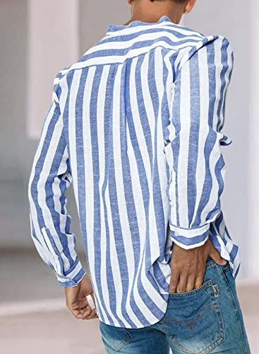JMIERR Mens Casual Cotton Linen Shirts Button Down Long Sleeve Striped Beach Resort Shirts for Men,US 38(S),0Sky Blue