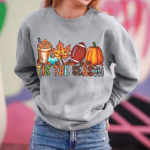 JINTING Fall Sweatshirt for Women Tis The Season Sweatshirt Autumn Pumpkin Shirt Football Shirt Game Day Long Sleeve Tee Grey