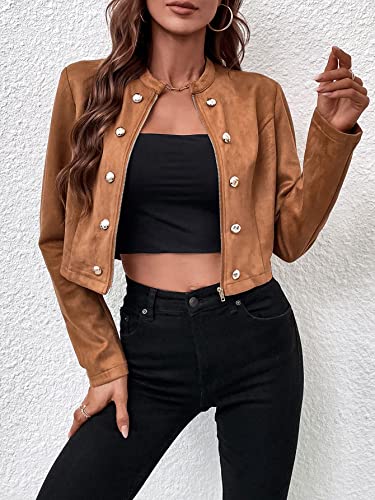 WDIRARA Women's Long Sleeve Drop Shoulder Crop Blazer Stand Collar Casual Button Down Varsity Jacket Brown S