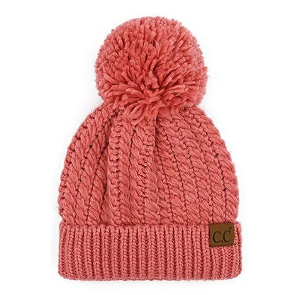 C.C Unisex Warm Soft Knit Pom Beanie Hat, Cable Twist Dark Rose