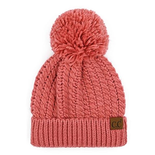 C.C Unisex Warm Soft Knit Pom Beanie Hat, Cable Twist Dark Rose